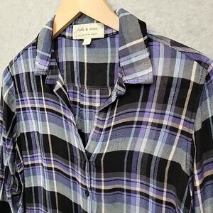 ANTHROPOLOGIE Cloth & Stone Sz S Frayed Hem Flannel LS Button Down Plaid Purple